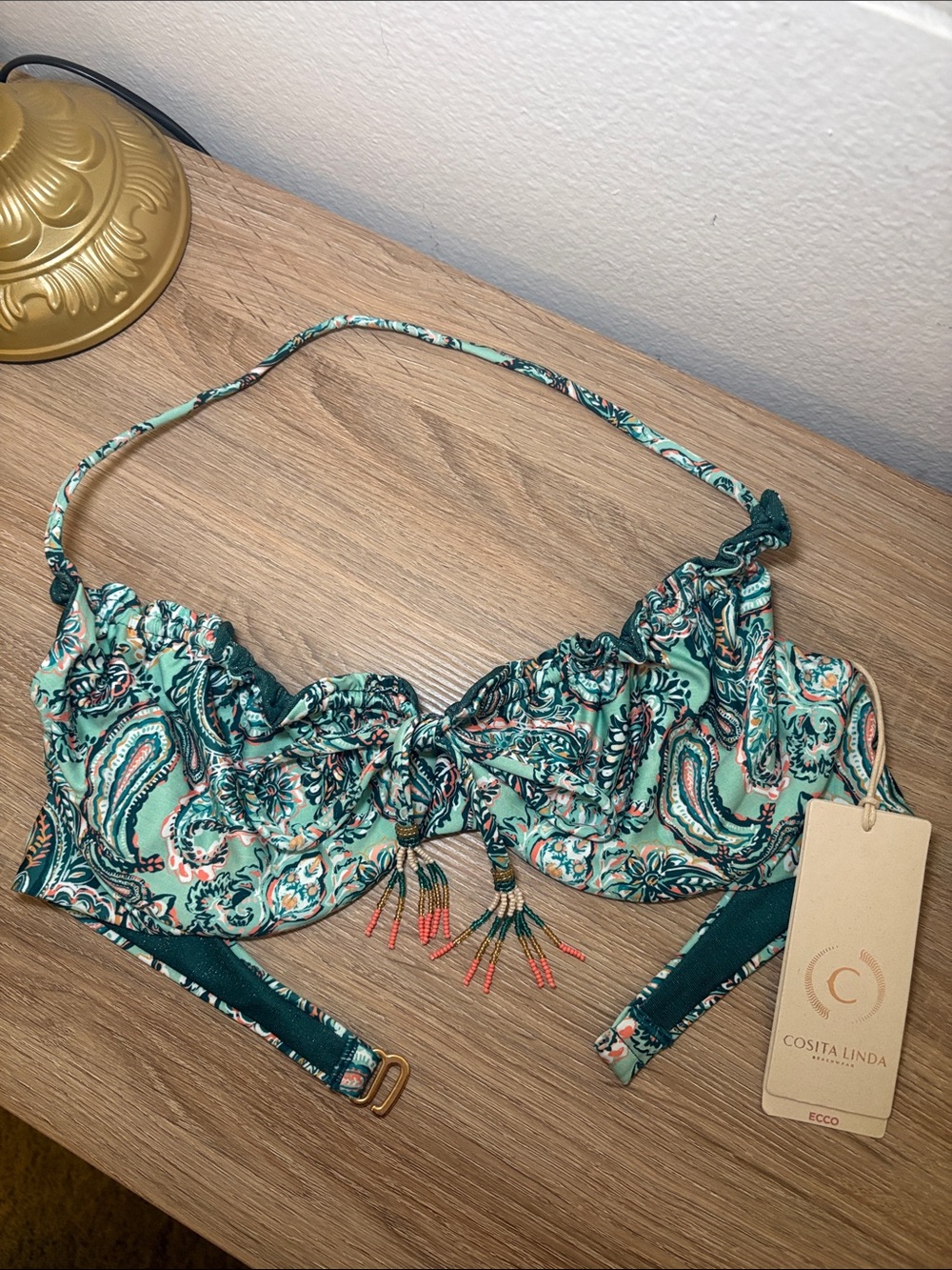Cosita Linda Teal Paisley Halter Bikini Top with Tassel Tie